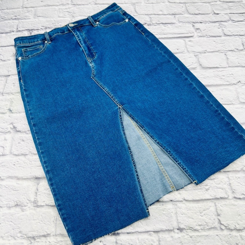Rue21 Blue Denim Midi Pencil Skirt Womens Size XL Modest Front Slit